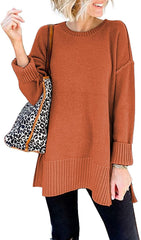Women With Round Neck Long Sleeves And Slit Sweaters