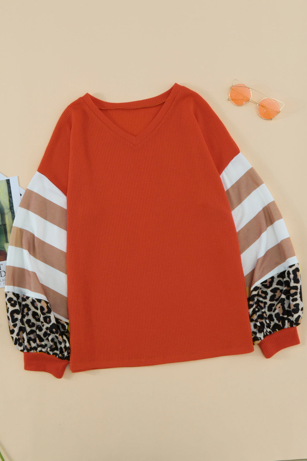 Women's Red V Neck Lantern Sleeve Leopard Stripe Splice Long Sleeve Top