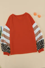 Women's Red V Neck Lantern Sleeve Leopard Stripe Splice Long Sleeve Top
