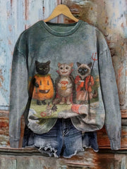 Halloween Cute Cat Print Casual Sweatshirt