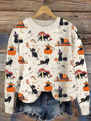 Black Cat Pumpkin Embroidery Pattern Knit Sweater