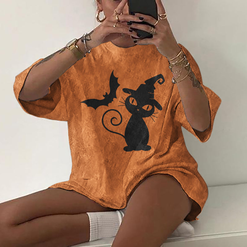 Cat Bat Print Short Sleeve T-Shirt