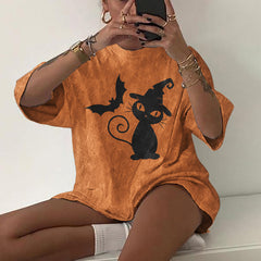 Cat Bat Print Short Sleeve T-Shirt