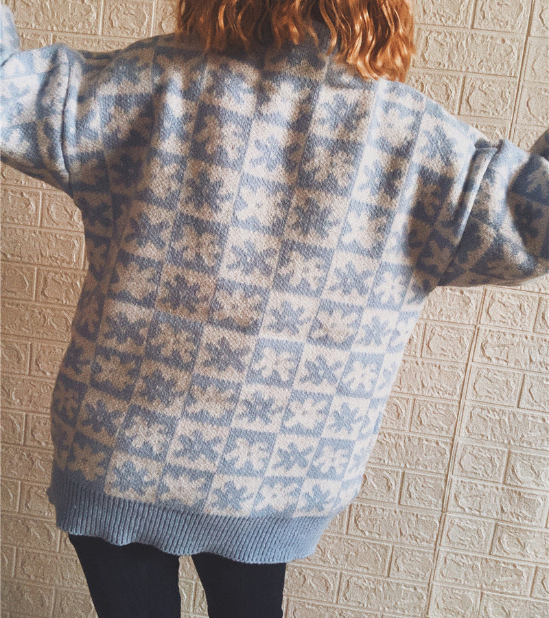 Casual Floral Plaid Round Collar Long Sleeve Loose Knit Sweater