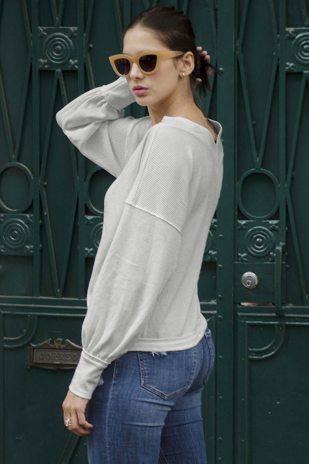 Women's White V Neck Our Country Roads Thermal Top