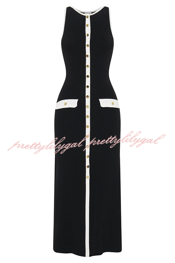 Elegant Slim Fit Crew Neck Buttoned Sleeveless Knit Midi Dress