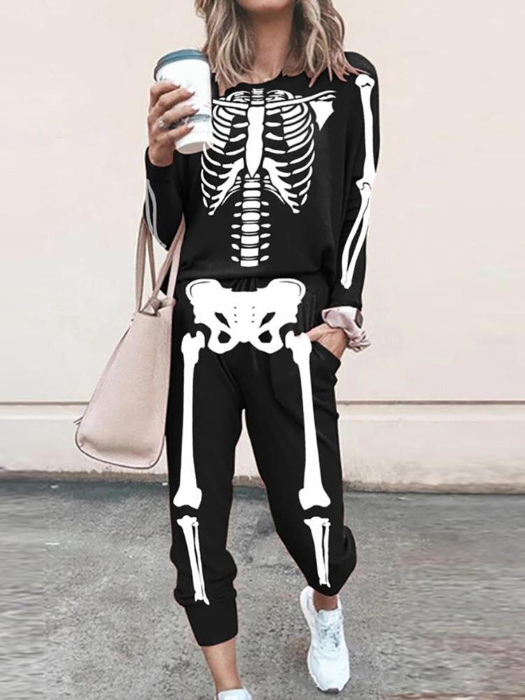 Halloween Hooded Skull Long Sleeve T-Shirt Two Piece Set