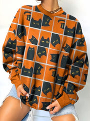 Cat Halloween Print Crew Neck Sweatshirt