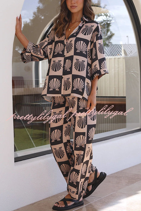 Ocean Legend Satin Shell Print Button Up Shirt and Elastic Waist Pants Set