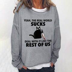 Cat Print Crew Neck Long Sleeve Casual Sweatshirt