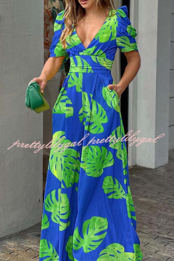Milly Printed Puff Sleeve Pocketed Wide Leg Jumpsuit