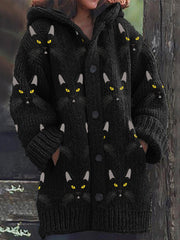 Black Cat Faces Embroidered Pattern Cozy Knit Hooded Cardigan
