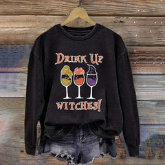 Halloween Drink Up Witches Printed Casual Sweatshirt