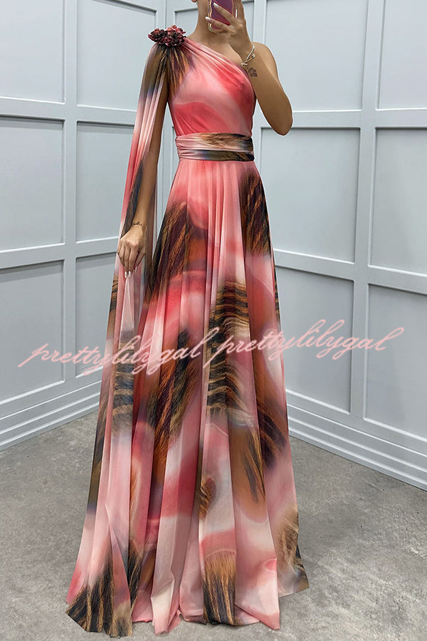 Lucia Unique Print Floral Detail One Shoulder Draped Sleeve Gown Maxi Dress