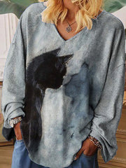 Watercolor Cat Print Loose T-Shirt