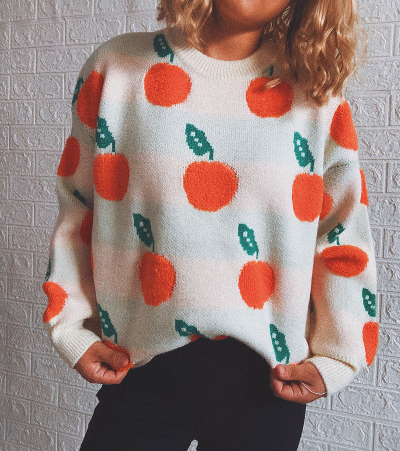 Orange Jacquard Casual Round Neck Sweater