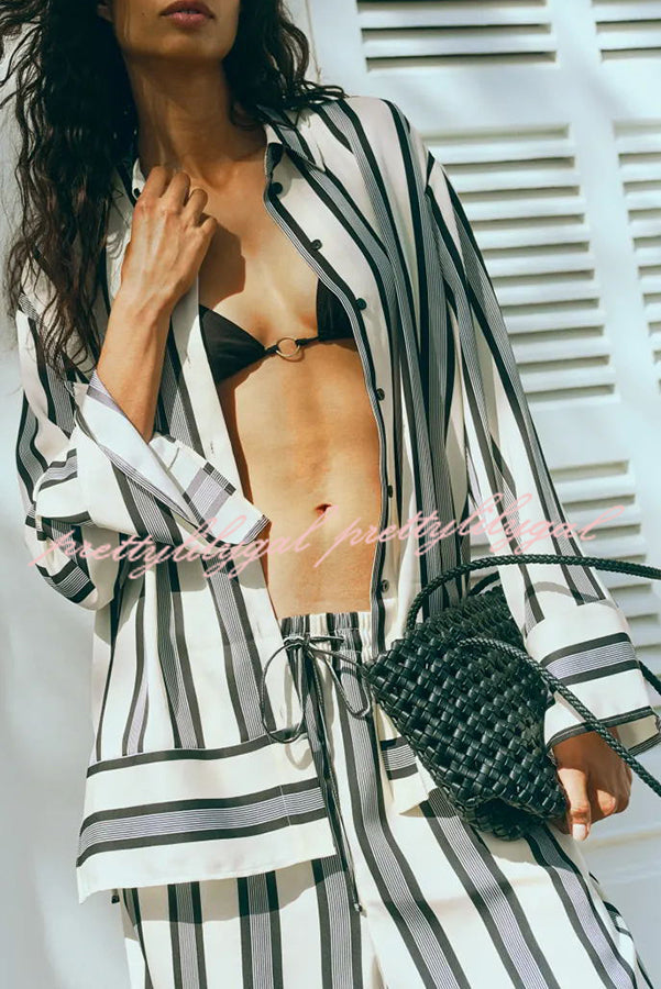 Lifetime of Happiness Striped Long Sleeve Loose Shirt and Elastic Waist Pocket Pants Set