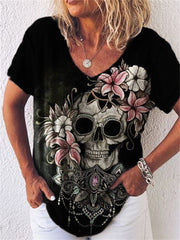Day Of The Dead Flower Skull Print V Neck T Shirt