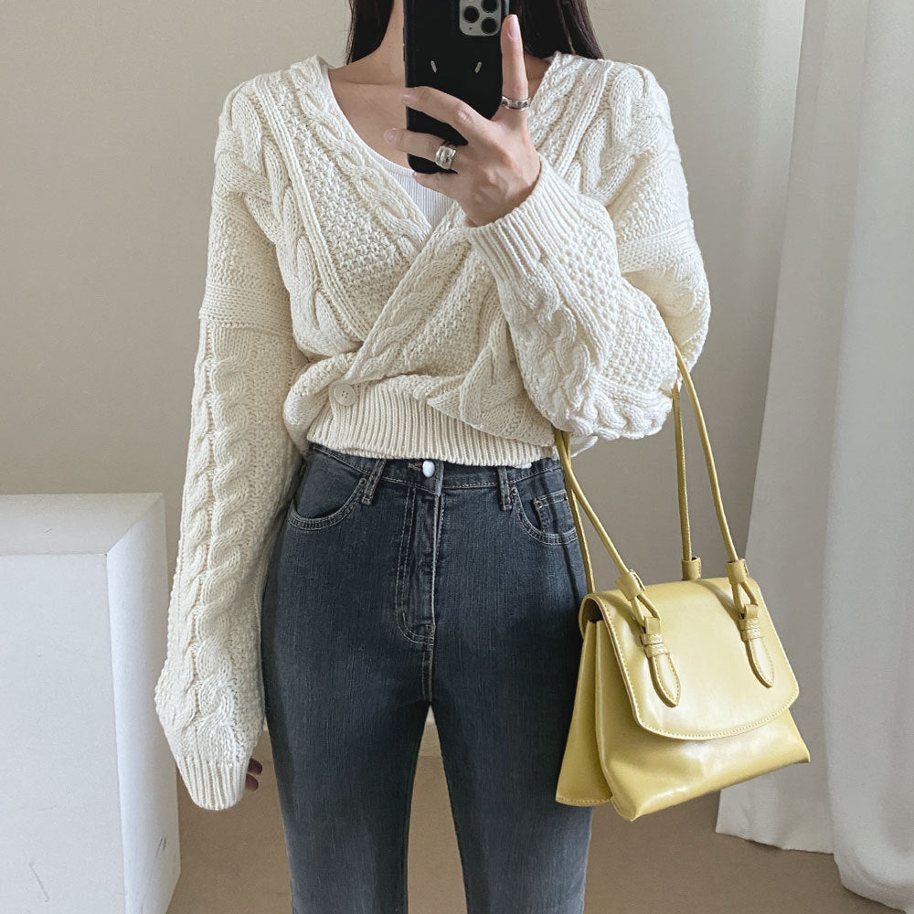 V-Neck Sweater Cropped Linen Pattern Knit Sweater