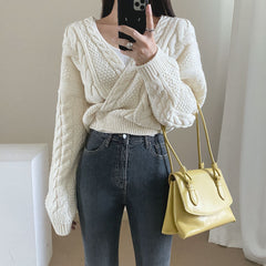 V-Neck Sweater Cropped Linen Pattern Knit Sweater