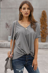 Women's Casual Gray Plain Short Sleeve Twist Tee