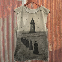 Vintage Monochrome Lighthouse Print Vest