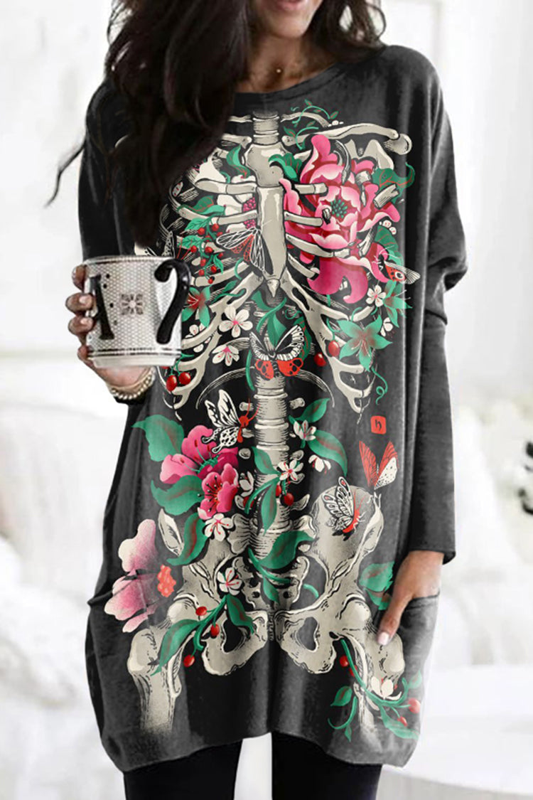 Floral Skull Print Long Sleeve Tunic