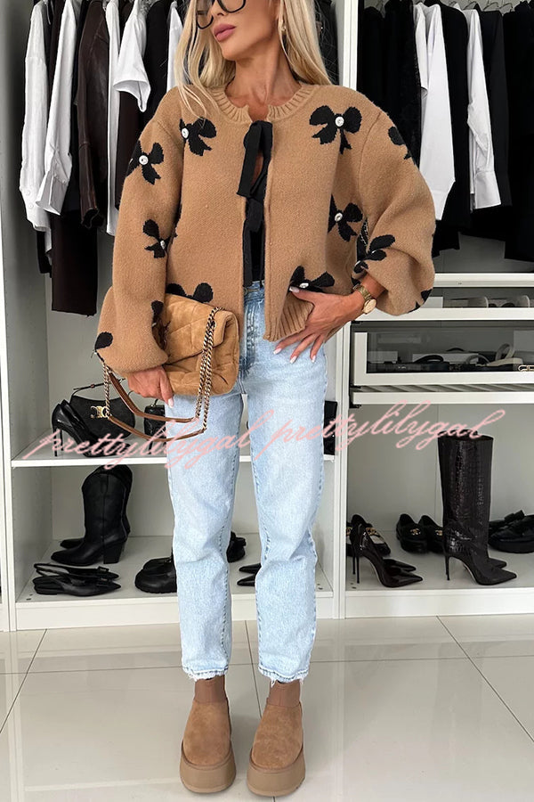 Vernie Knit Jewelry Pendant Bow Pattern Front Tie-up Long Sleeve Loose Cardigan