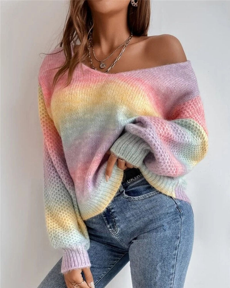 Irregular Gradient Rainbow V-Neck Knit Sweater