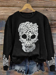 Skull Floral Lace Art Washed Sweatshirt