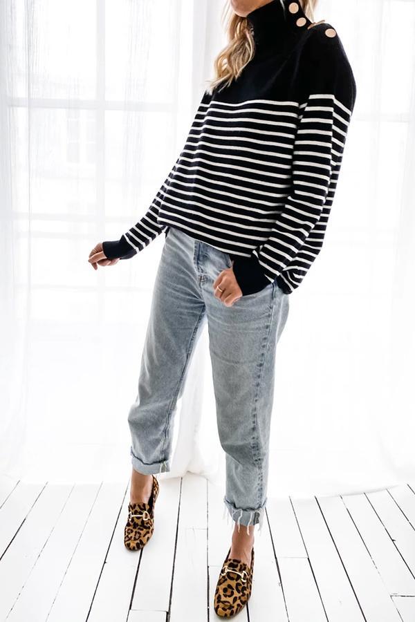 Long Sleeve Striped Patchwork High Neck Sweater