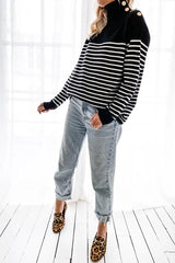 Long Sleeve Striped Patchwork High Neck Sweater