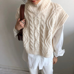 Vintage turtleneck hemp pattern loose knit sweater vest