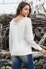 Women's Chic White Deep V-neck Lace Stripe Long Sleeve Top