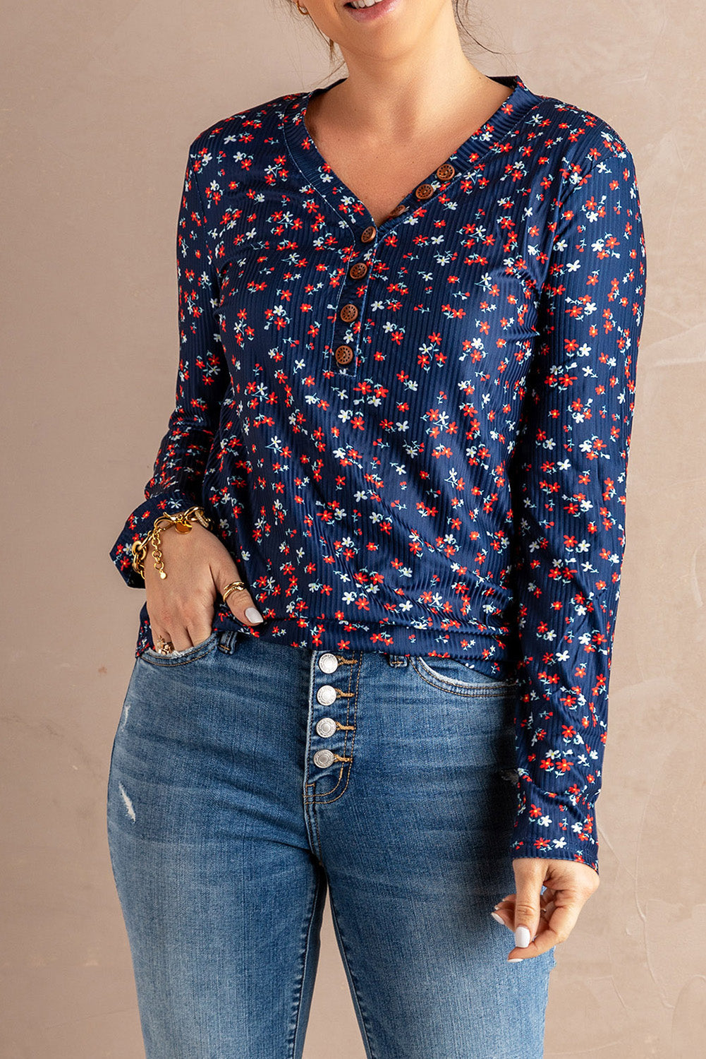 Women's Navy Long Sleeve Floral Top