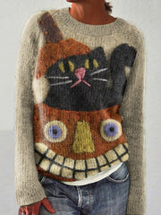 Pumpkin And Black Cat Halloween Print Women'S Sweater