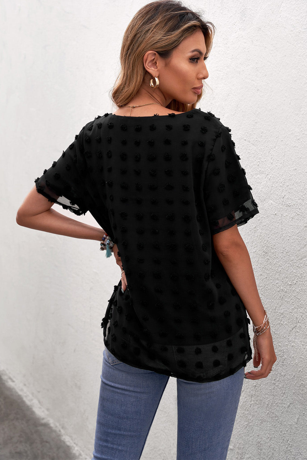 Women's Casual Black Swiss Dot Texture Short Sleeve Top