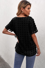 Women's Casual Black Swiss Dot Texture Short Sleeve Top