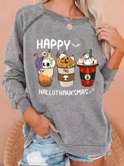Happy Hallothanksmas Coffee Print Casual Sweatshirt