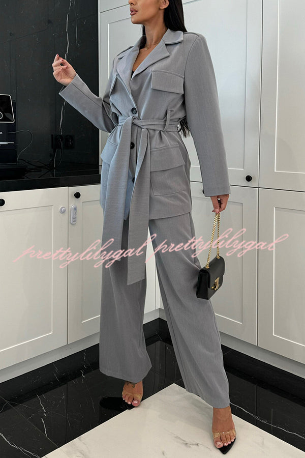Business Needs Button Up Flap Pocket Belted Lapel Loose Jacket