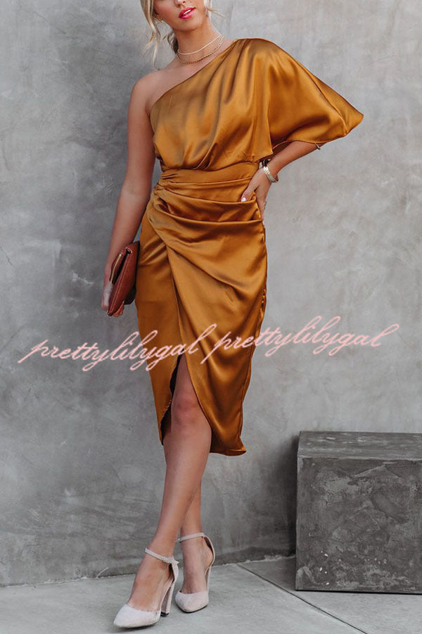Glam Expectations One Shoulder Satin Drape Dress