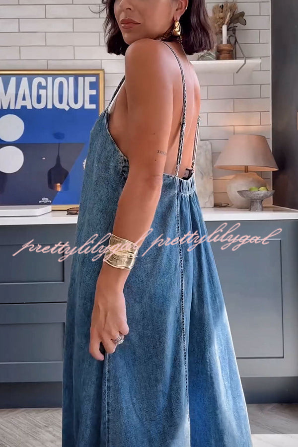 Tenaya Denim Back Elastic A-line Loose Slip Maxi Dress