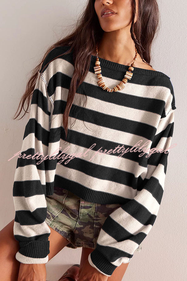 Striped Print Crew Neck Long Sleeve Loose Knitted Sweater