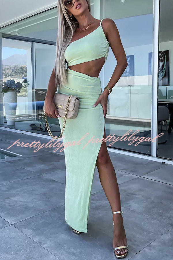 Little Mermaid One Shoulder Cutout Waist Ruched Stretch Maxi Dress