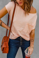 Women's Pink Pocketed Short Sleeve Tee with Side Slits