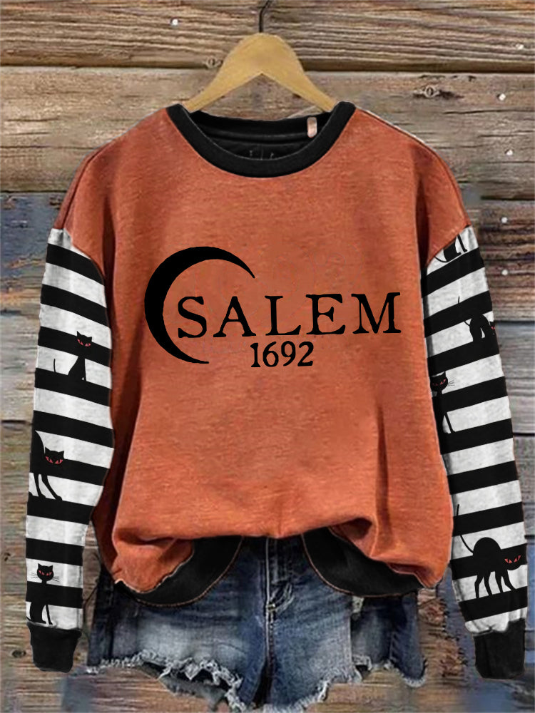 Salem 1692 Black Cats Striped Contrast Washed Sweatshirt