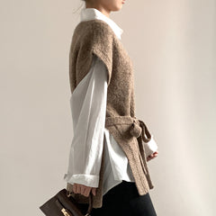 V-Neck Slit Belt Soft Waxy Sweater Jacket Vest