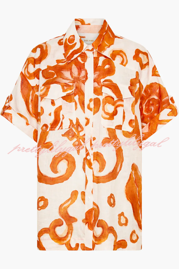 Dreamscape Linen Blend Abstract Conch Printed Button Shirt and Elastic Waist Pocketed Shorts Set