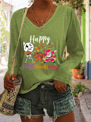 Skull Turkey Santa Print Long Sleeve T Shirt
