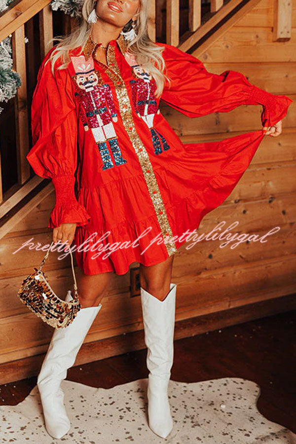 Nutcracker Sequined Button Down Long Sleeve Mini Dress